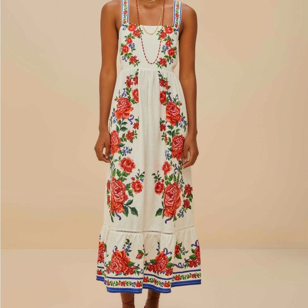 FARM Rio Red and White Floral Midi Dress